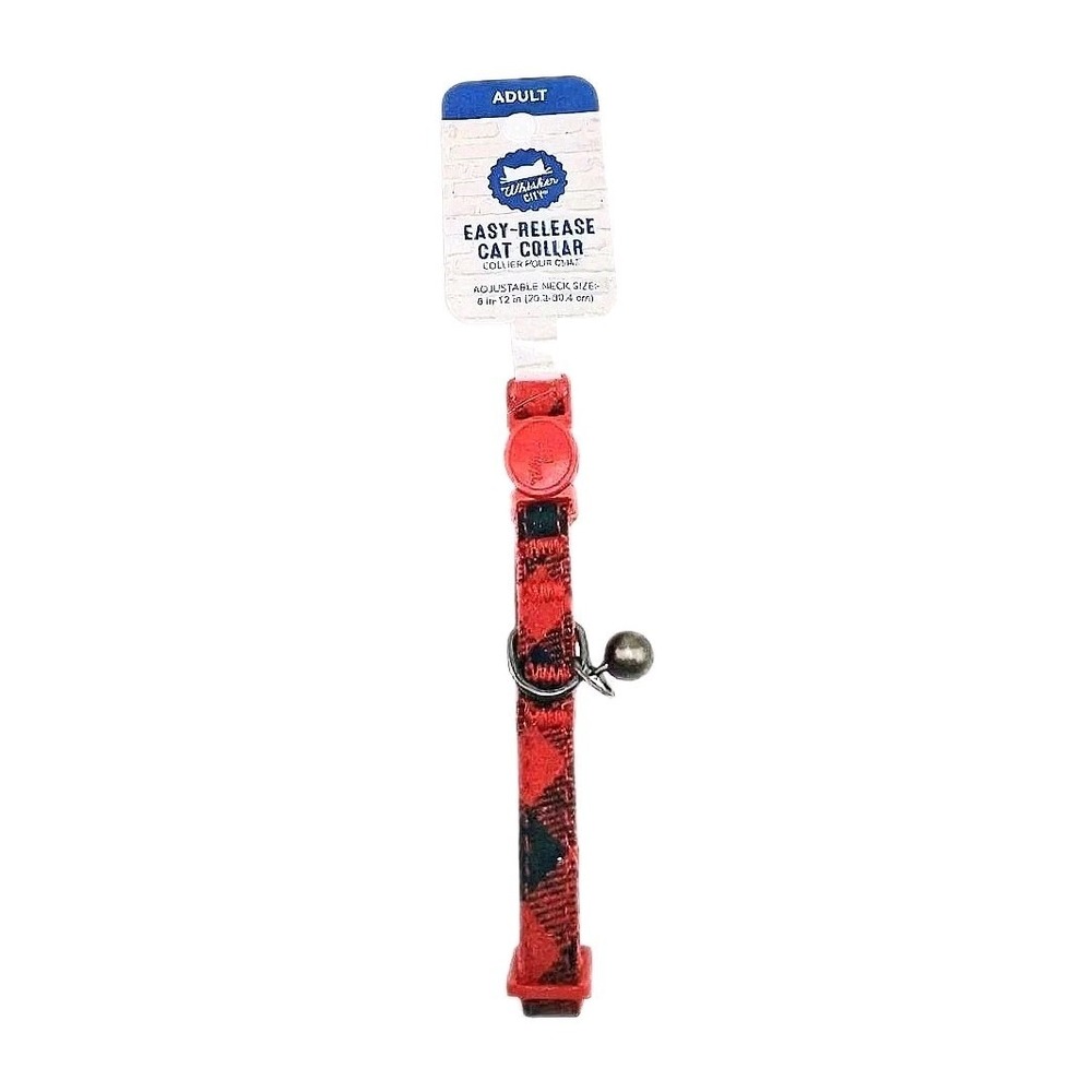 Whisker‎ City Adult Red Plaid Cat Collar Easy-Release w/ Bell Adjustable 8-12"